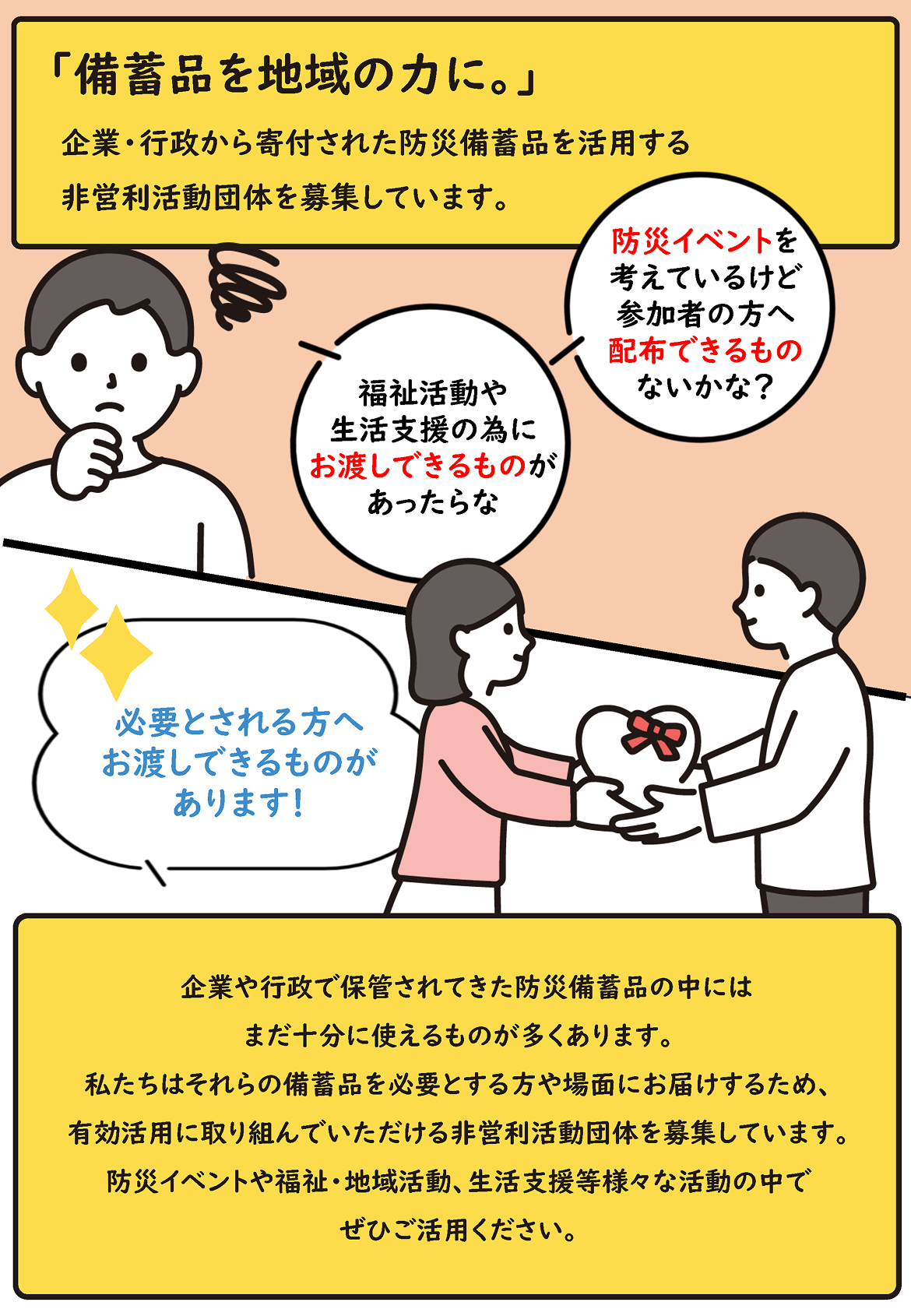 「備蓄品を地域の力に。」 企業・行政から寄付された防災備蓄品を活用する 非営利活動団体を募集しています。 防災イベントを考えているけど参加者の方へ配布できるものないかな？ 福祉活動や生活支援の為にお渡しできるものがあったらな 必要とされる方へお渡しできるものがあります！ 企業や行政で保管されてきた防災備蓄品の中にはまだ十分に使えるものが多くあります。 私たちはそれらの備蓄品を必要とする方や場面にお届けするため、有効活用に取り組んでいただける非営利活動団体を募集しています。 防災イベントや福祉・地域活動、生活支援等様々な活動の中でぜひご活用ください。