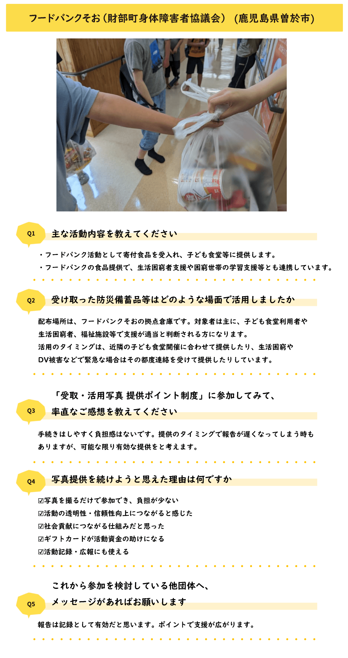 フードバンクそお（財部町身体障害者協議会）（鹿児島県曽於市） Q1 主な活動内容を教えてください ・フードバンク活動として寄付食品を受入れ、子ども食堂等に提供します。 ・フードバンクの食品提供で、生活困窮者支援や困窮世帯の学習支援等とも連携しています。 Q2 受け取った防災備蓄品等はどのような場面で活用しましたか 配布場所は、フードバンクそおの拠点倉庫です。対象者は主に、子ども食堂利用者や生活困窮者、福祉施設等で支援が適当と判断される方になります。 活用のタイミングは、近隣の子ども食堂開催に合わせて提供したり、生活困窮やDV被害などで緊急な場合はその都度連絡を受けて提供したりしています。 Q3 「受取・活用写真 提供ポイント制度」に参加してみて、率直なご感想を教えてください 手続きはしやすく負担感はないです。提供のタイミングで報告が遅くなってしまう時もありますが、可能な限り有効な提供をと考えます。 Q4 写真提供を続けようと思えた理由は何ですか 写真を撮るだけで参加でき、負担が少ない 活動の透明性・信頼性向上につながると感じた 社会貢献につながる仕組みだと思った ギフトカードが活動資金の助けになる 活動記録・広報にも使える Q5 これから参加を検討している他団体へ、メッセージがあればお願いします 報告は記録として有効だと思います。ポイントで支援が広がります。